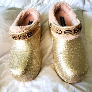 Bebe Gold glitter clogs